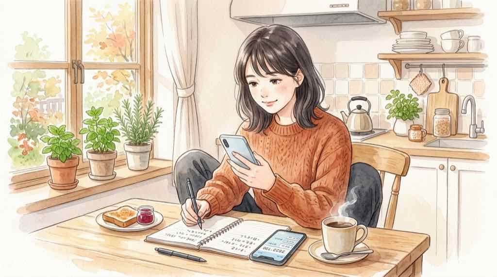 毎日の通知確認時間を計算している女性のイラスト