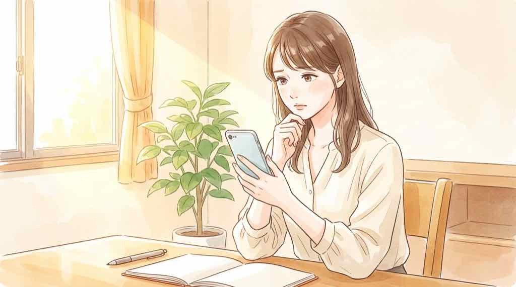 alt: スマートフォンの料金明細を見て考え込む女性のイラスト