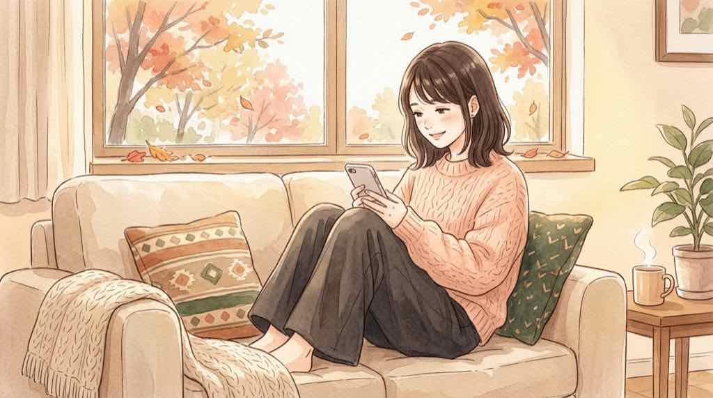 alt: スマートフォンを手に持ちほっとした笑顔で座る女性のイラスト