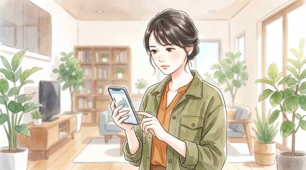 alt: スマートフォンのデータ使用量グラフを真剣に確認する女性のイラスト