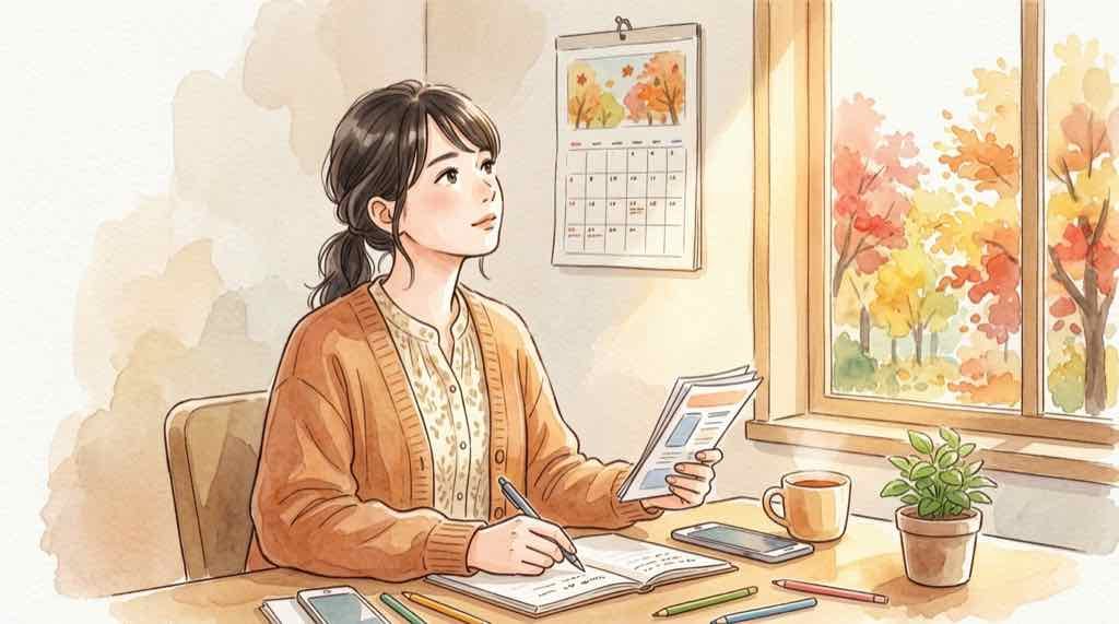 alt: カレンダーと通信プランの書類を確認している女性のイラスト