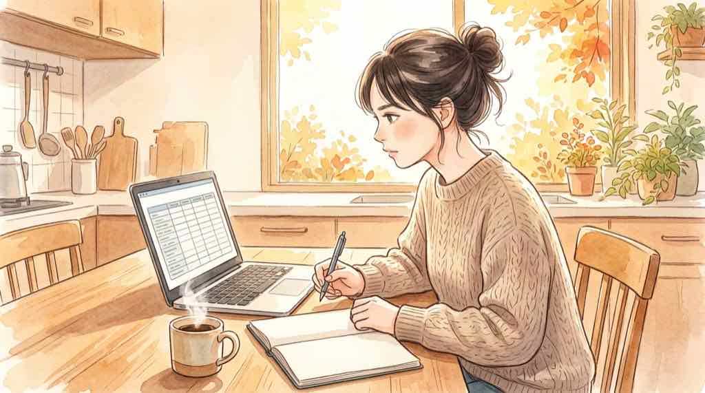alt: 料金シミュレーション表を見ながら比較計算している女性のイラスト