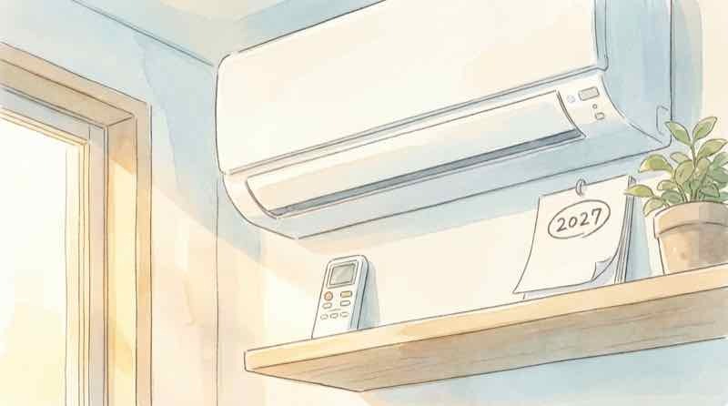 エアコン2027年問題を落ち着いて考える女性が窓辺でリモコンを片手に晴れた空を見上げているイラスト