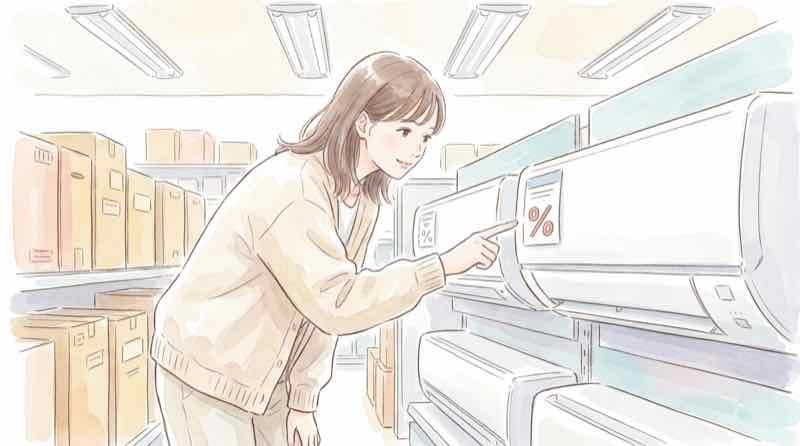 エアコン2027年問題の省エネ基準を統一省エネラベルで見比べる女性のイラスト