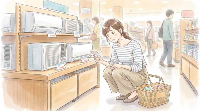 エアコン2027年問題で安い機種が販売禁止か家電量販店の売り場で確かめる女性のイラスト