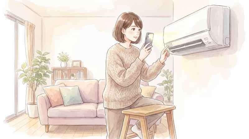 2027年以降も使える古いエアコンの製造年シールを室内機の側面で確認する女性のイラスト