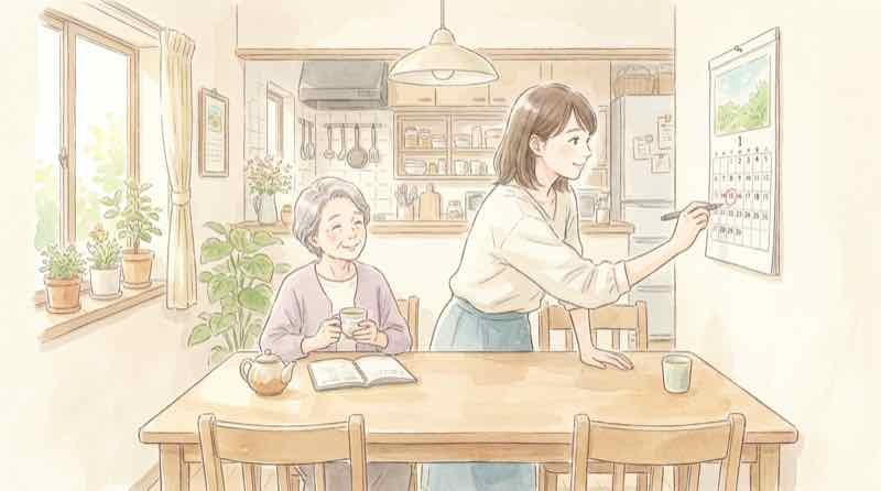 エアコンを2026年中に買うべきか買い替え時期をカレンダーの前で家族と考える女性のイラスト