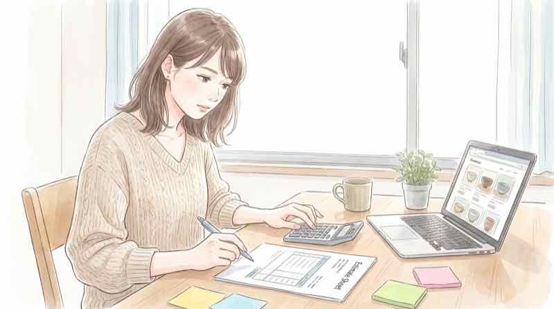 エアコンの工事費込みの設置総額を見積書と電卓で計算する女性のイラスト