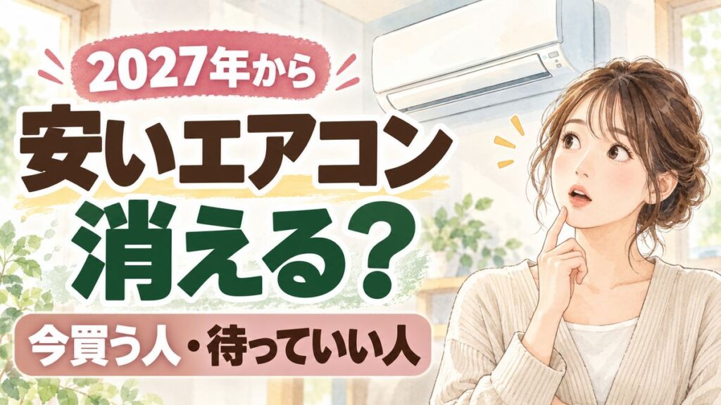 エアコン2027年問題を落ち着いて考える女性が窓辺でリモコンを片手に晴れた空を見上げているイラスト