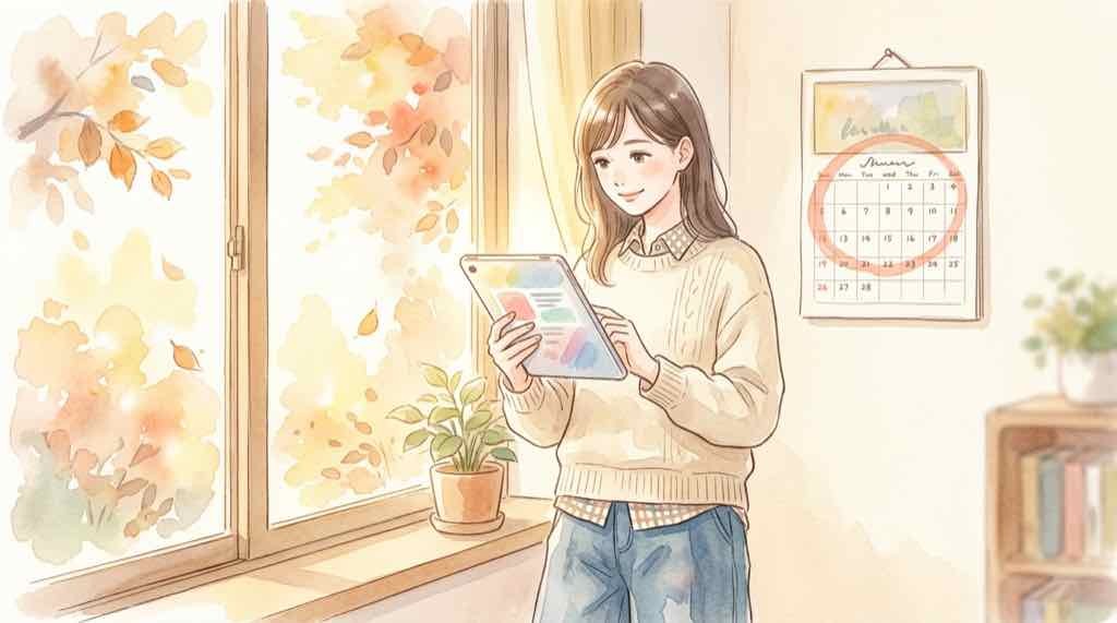 プライム感謝祭2026の開催発表を確認する女性のイラスト