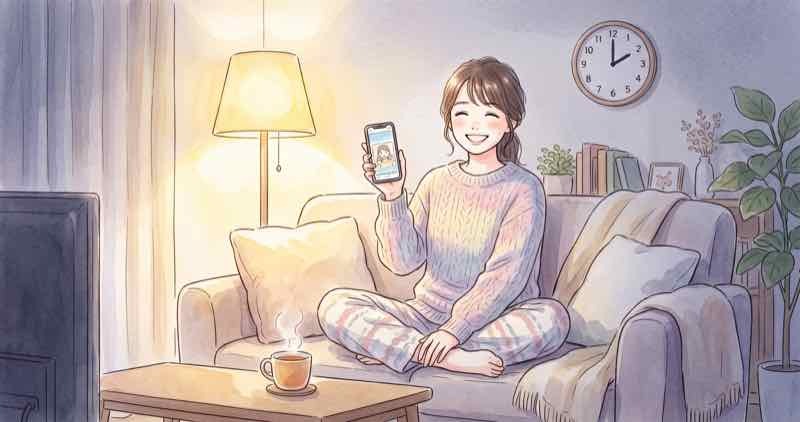 Apple発表会2026は日本時間何時からかを調べ、笑顔でスマホを持つ女性