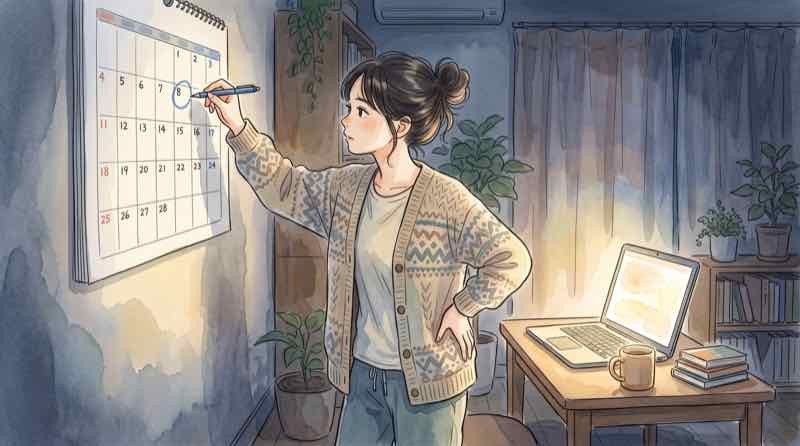 Apple発表会2026を日本時間で確認する女性、深夜のリビングでカレンダーを見ている