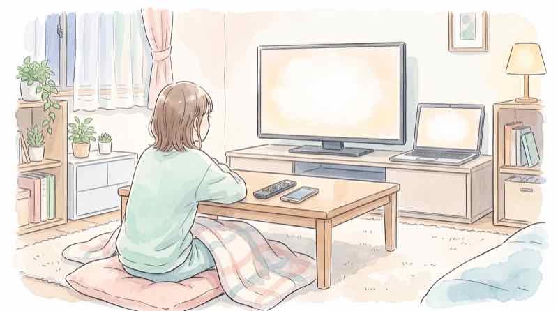 Appleイベントの視聴方法を比較する、テレビとノートパソコンが並んだ部屋