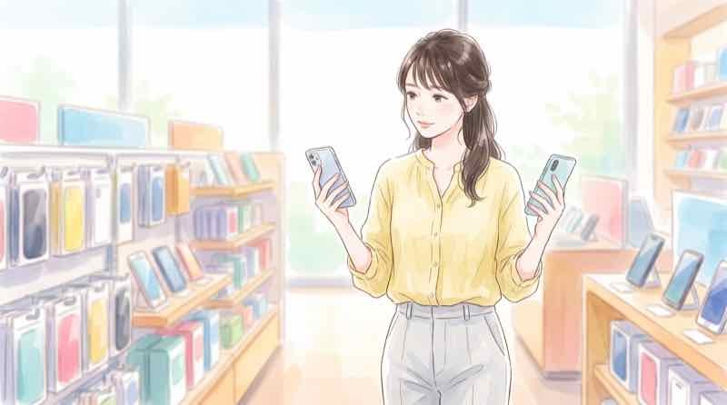 発表前に現行iPhoneを買うか迷い、店頭で端末を見比べる女性