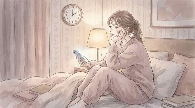 Appleイベント2026を日本時間で待つ女性、午前2時の時計とiPhoneに迷う様子