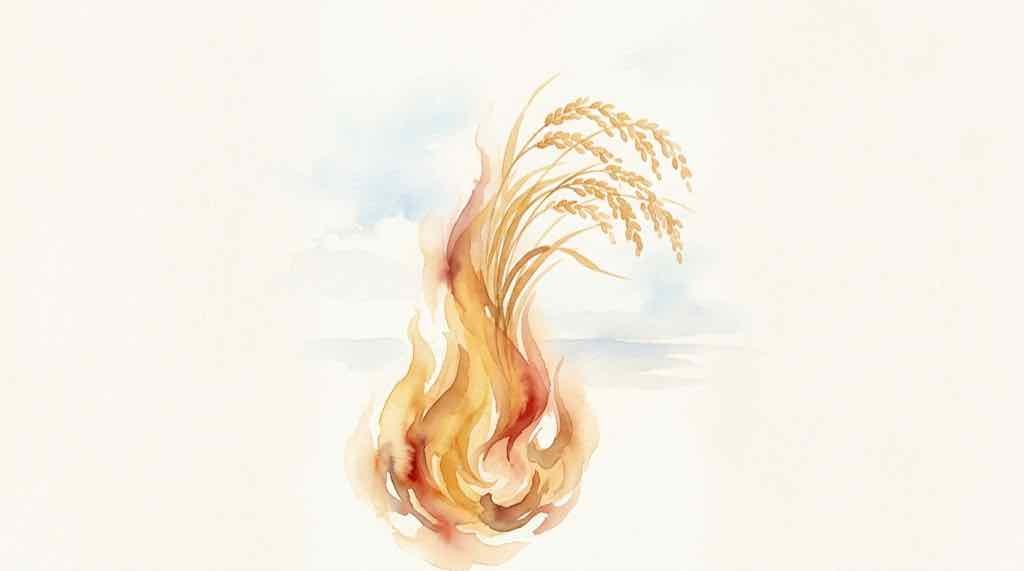 「火の穂」を表すやさしい炎と稲穂のモチーフを組み合わせた水彩イラスト