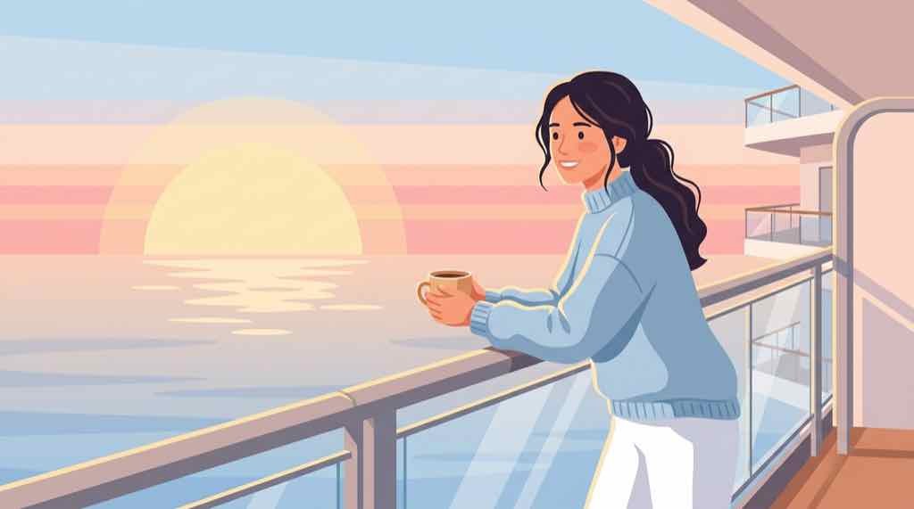 飛鳥Ⅲのバルコニーから海を眺めて微笑む女性イラスト・朝日と海