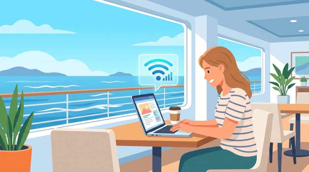 船上でノートPCを広げてリモートワークを楽しむ女性イラスト・海の見える窓際