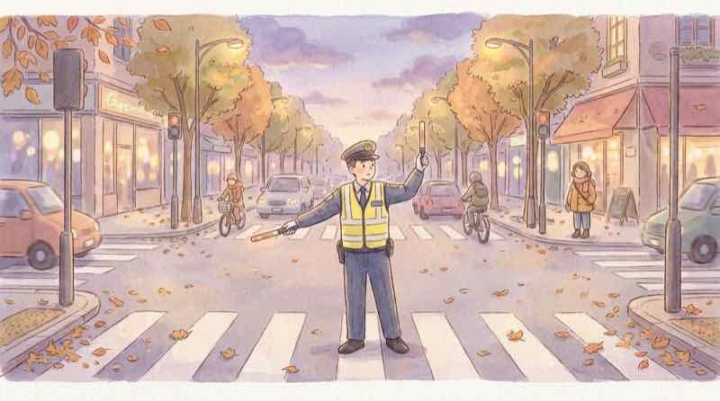 警察官の取り締まりの様子を見る歩行者のイラスト