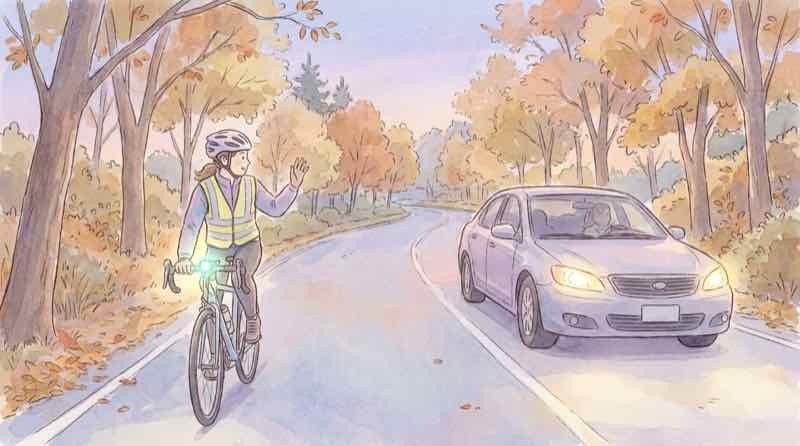 自転車と自動車が並んで走る夕暮れの道路のイラスト