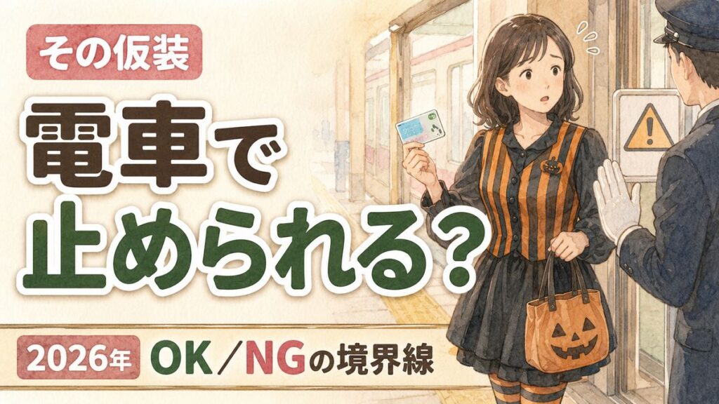 ハロウィン仮装で電車に乗る前に注意点を確認する女性のイラスト