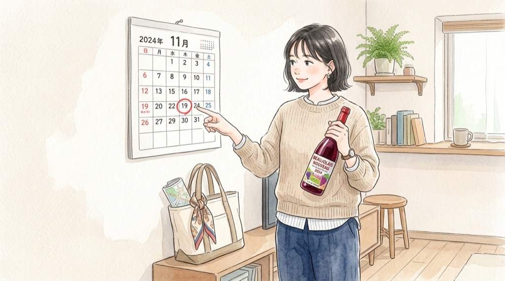 カレンダーと赤ワインのボトルを描いた水彩イラスト