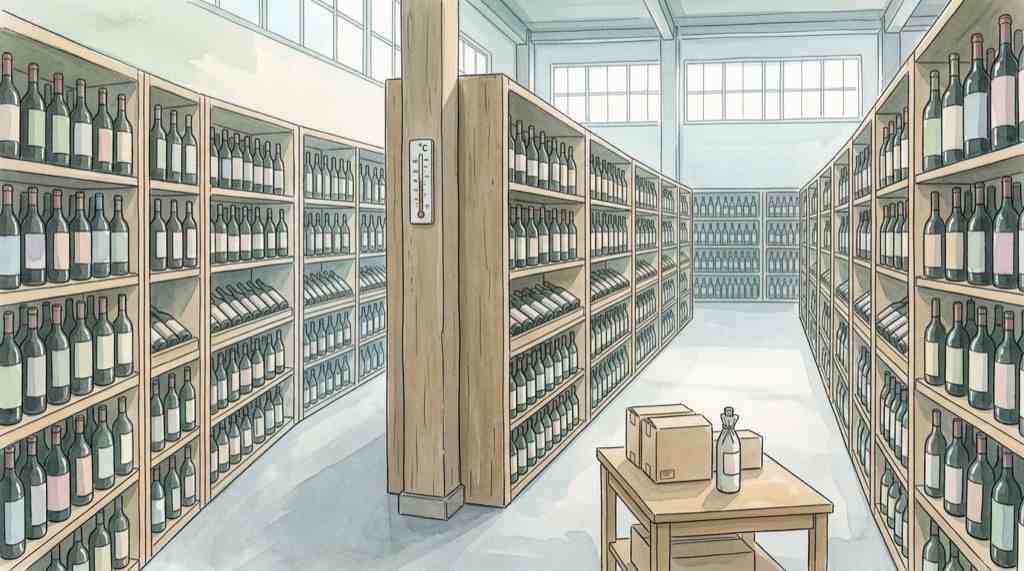 温度管理された倉庫にワインが整然と保管されているイラスト