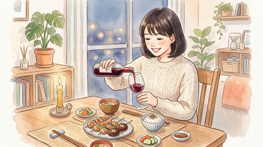 フルーティなベリー系のボジョレーヌーボーをグラスに注ぐ水彩イラスト