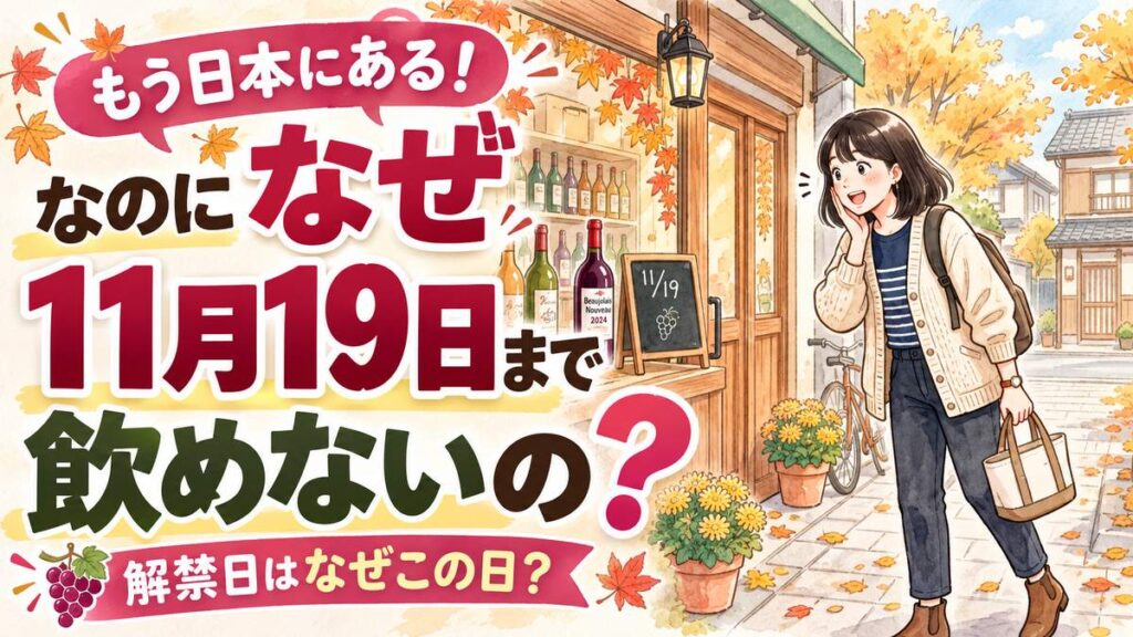 ボジョレーヌーボー2026の解禁日と早期到着について疑問を持つ女性のイラスト