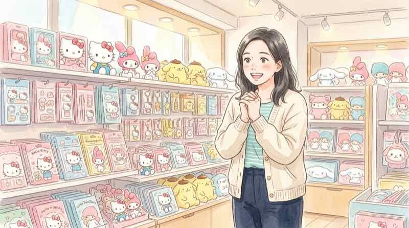 ブックマークスタイルチャーム サンリオはどこで売ってるか確認する女性のイラスト