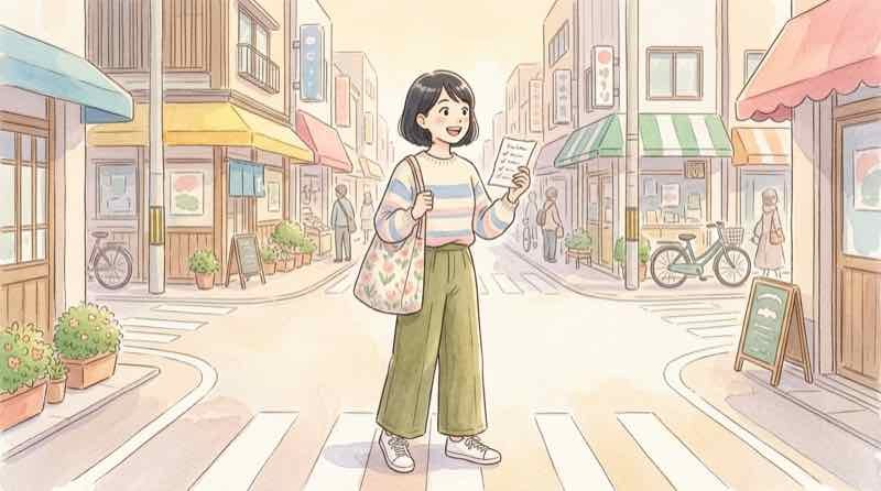 ブックマークスタイルチャーム サンリオの販売店を調べる女性が地図を確認するイラスト
