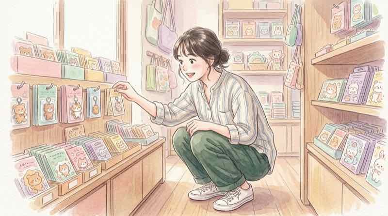 スーパーの食玩コーナーでサンリオチャームを探す女性のイラスト