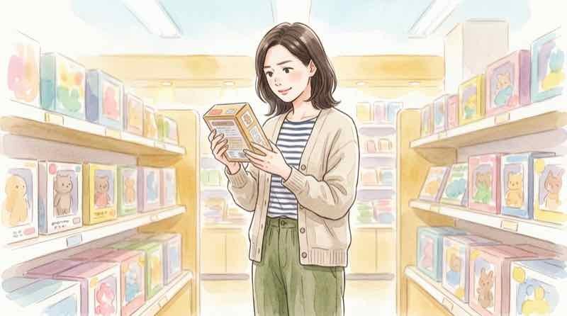 サンリオキャラクターズのチャームが並んだ棚を眺める女性のイラスト