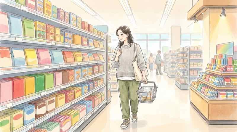 サンリオチャームのボックスを手に取って確認している女性のイラスト