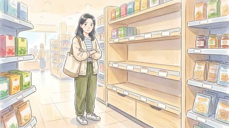 サンリオグッズの在庫確認をスマートフォンでしている女性のイラスト