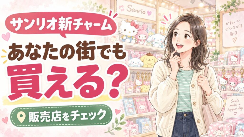 ブックマークスタイルチャーム サンリオはどこで売ってるか確認する女性のイラスト