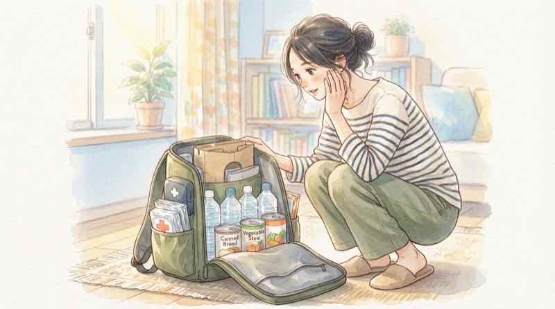 防災庁とは何かをやさしく解説するイメージ。防災グッズを前にメモを取る笑顔の女性