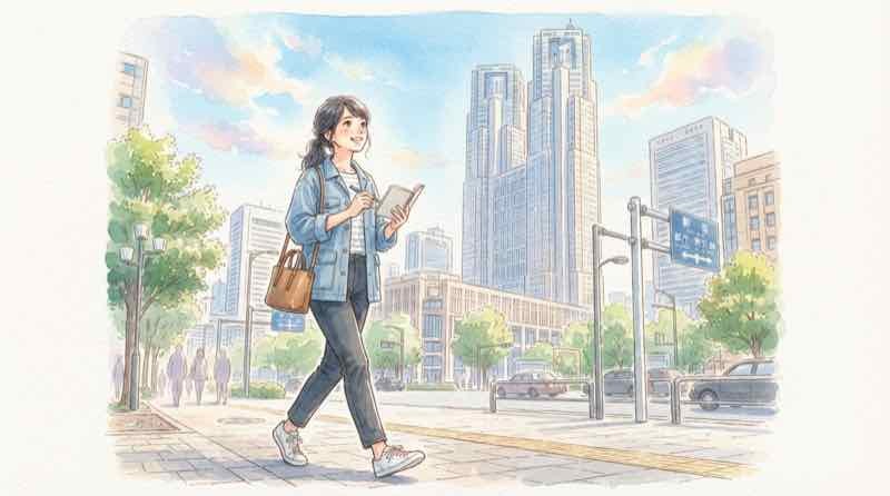 防災庁とは何かを示すイメージ。日本の官庁街を見上げながらメモ帳を手に歩く女性