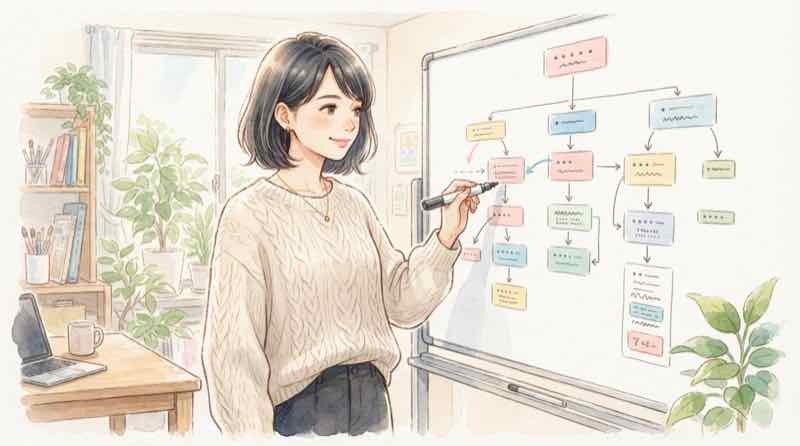 防災庁と消防庁の違いを整理するイメージ。ホワイトボードに組織図を書き込む女性