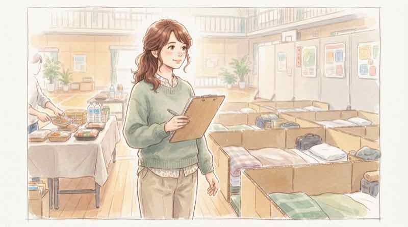 防災庁で避難所がどう変わるかのイメージ。段ボールベッドと温かい食事が並ぶ明るい避難所を見る女性
