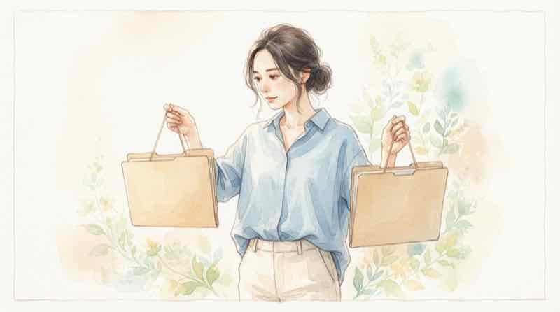 防災庁のメリットと課題を天秤にかけるイメージ。資料を両手に考え込む女性