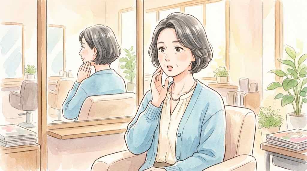 年を取ると首が太くなる仕組みを解説する50代女性のイラスト