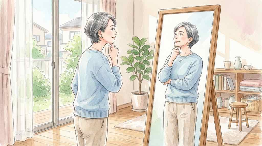 年を取ると首が太くなると美容師に言われ驚く50代女性のイラスト