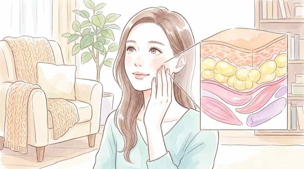 顎と首の境界線が曖昧になる仕組みを示すブルドッグ顔の解説イラスト