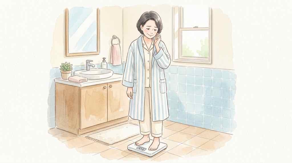 急激なダイエットで頬がこける現象を調べる女性のイラスト