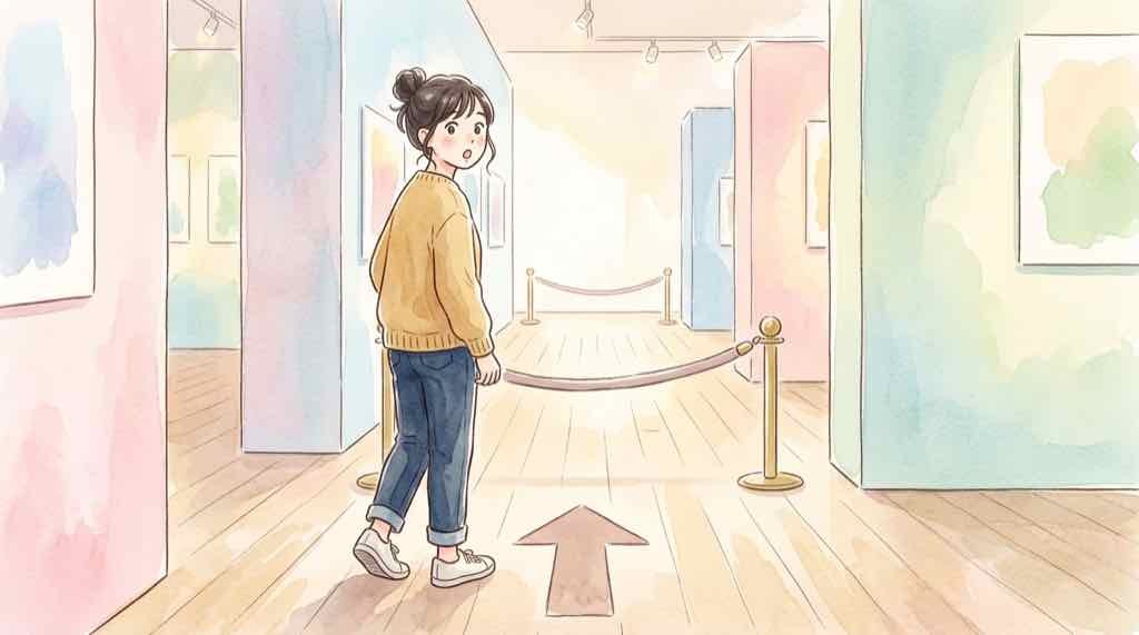 ちいかわパーク 一方通行の館内を進む女性のイメージ 展示エリアからグッズショップへの動線