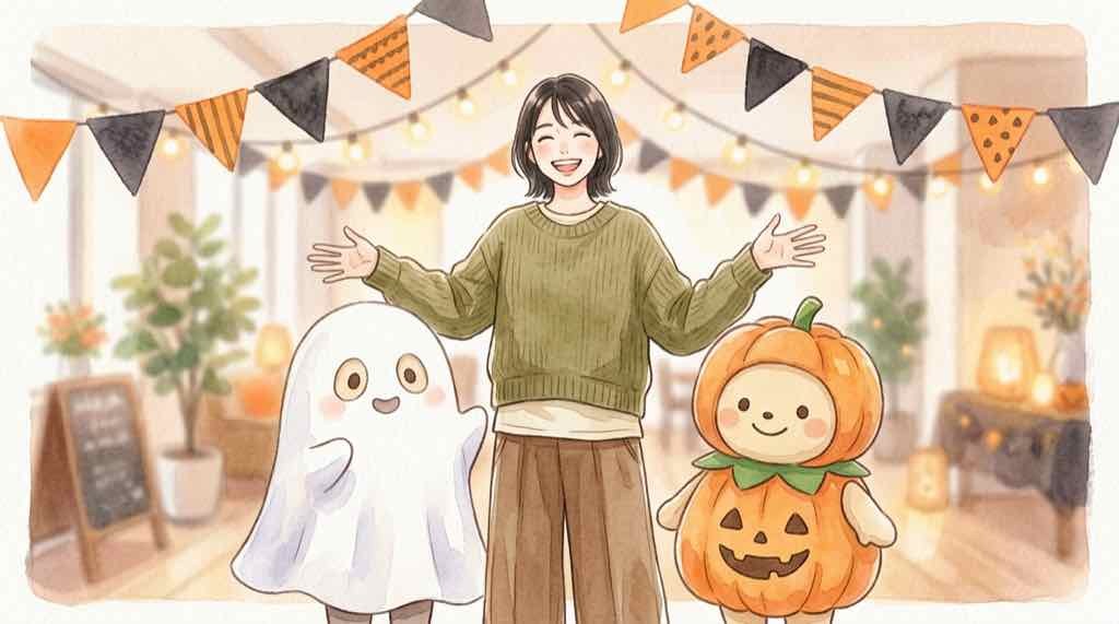 ちいかわパーク ハロウィーン仮装のちいかわたちとのグリーティングを楽しむ女性