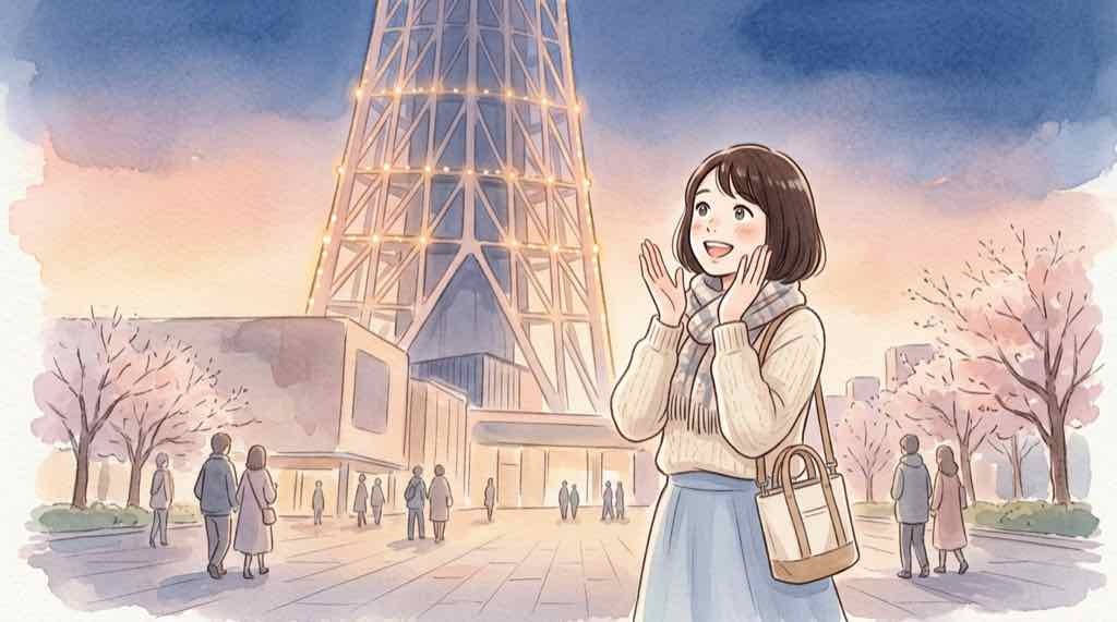 ちいかわ スカイツリー 予約が必要な範囲を確認する女性のイラスト