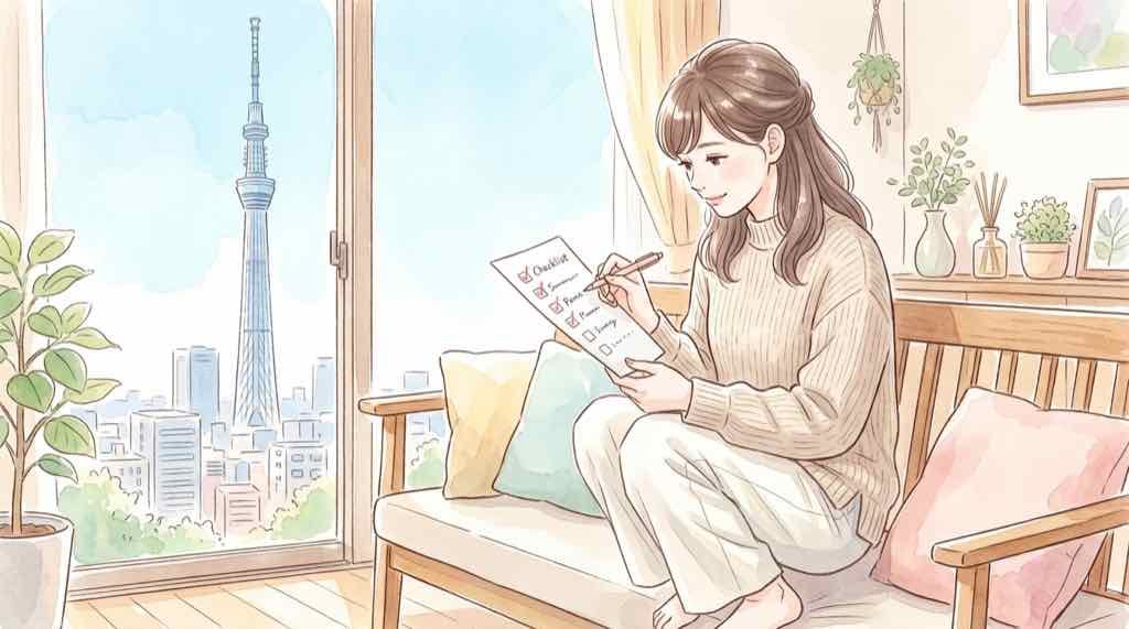 ちいかわ スカイツリー 予約の要否をチェックリストで確認する女性のイラスト