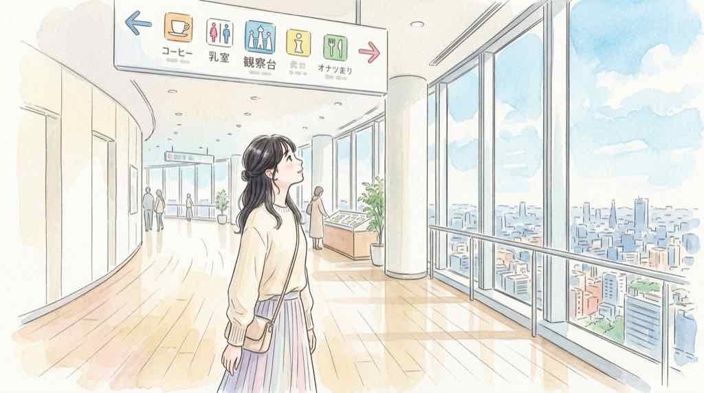 ちいかわ スカイツリー イベント会場のフロア案内を見上げる女性のイラスト